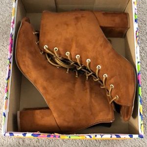 Brown suede peep toe booties